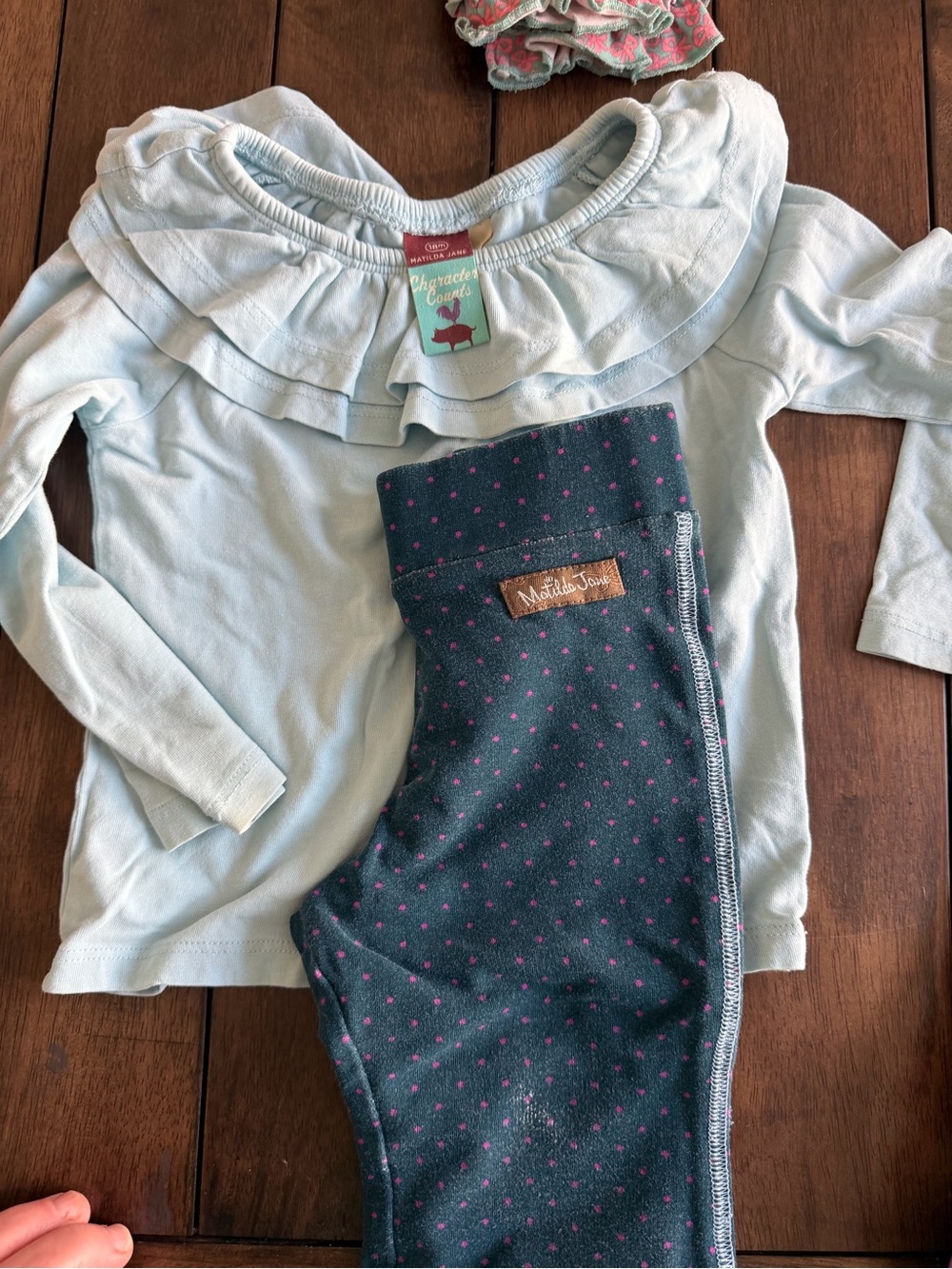 Matilda Jane Light Blue Ruffle-Neck Top with Navy Polka Dot Pants